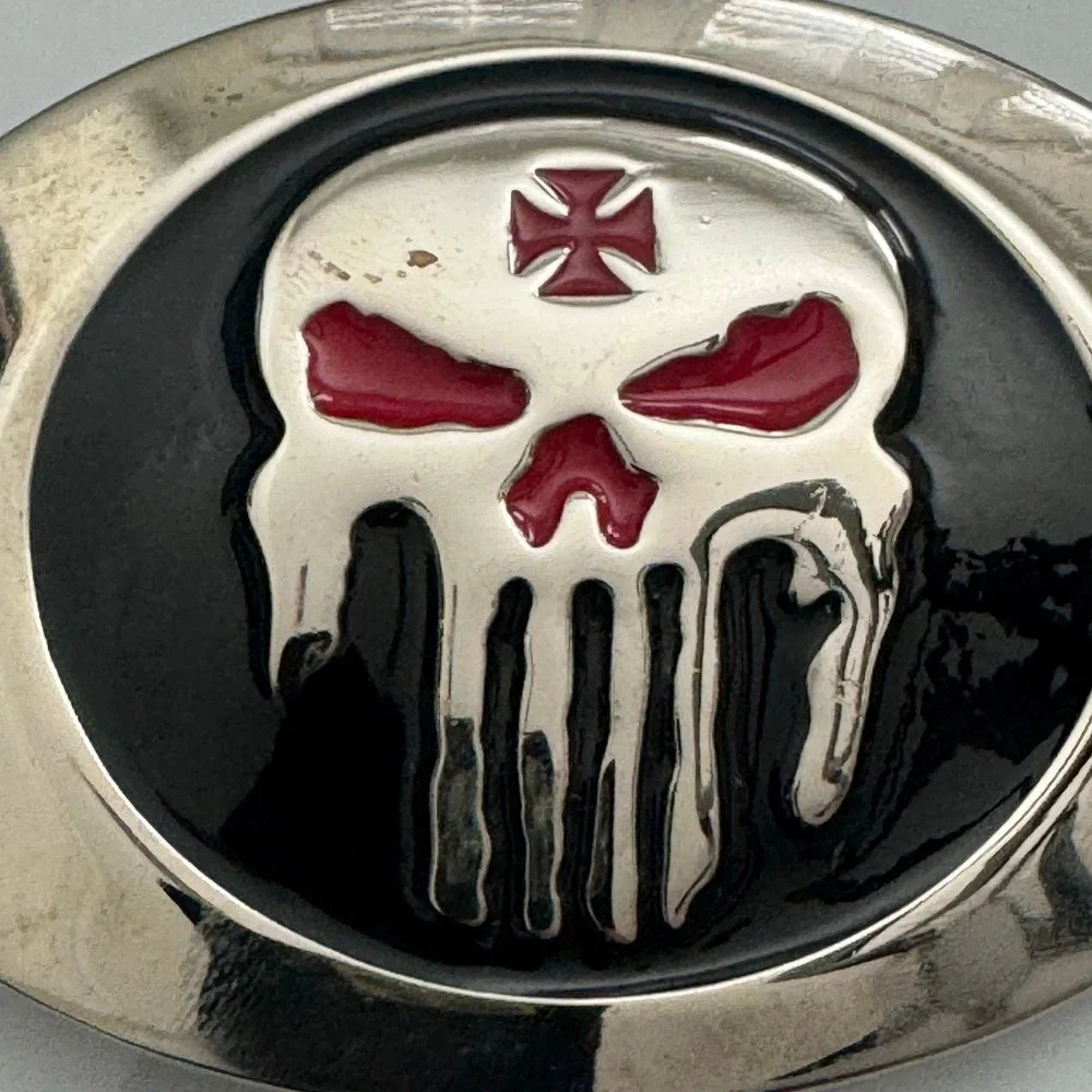Punisher Skull Belt Buckle Metal Red Black Silver‎ Tone Oval